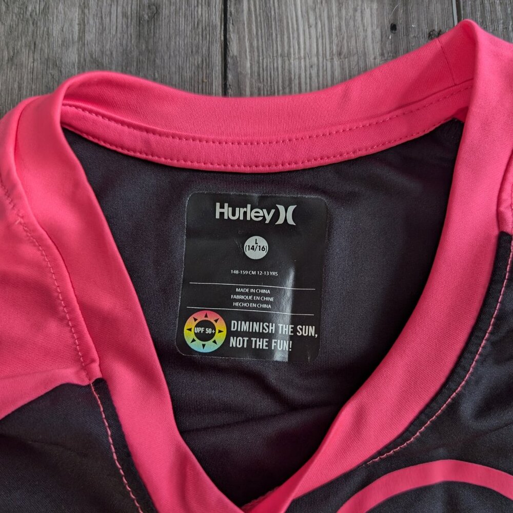Hurley, Long Sleeve Scuba Shirt, Black and Hot Pink Heart Logo, Sz L 14/16 - Picture 3 of 8